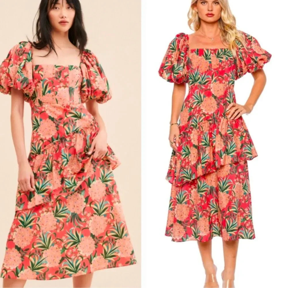 FARM Rio Red Pineapple Bloom Cut Out Puff Sleeve Minidress Size Medium NWOT